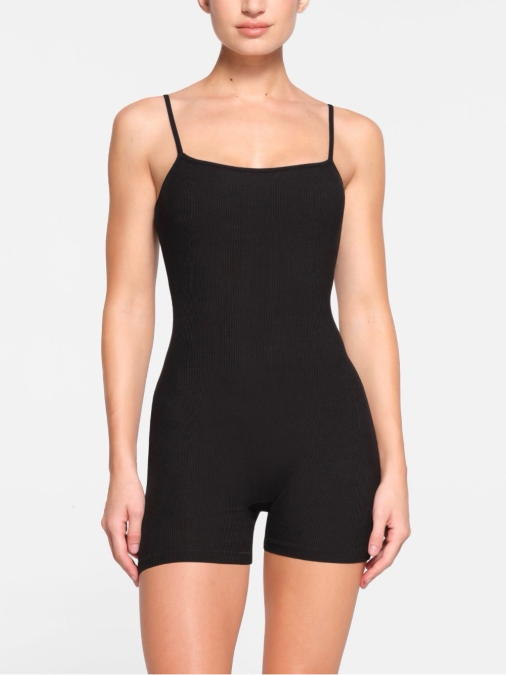 SKIMS Black Ribbed Square-Neck Bodysuit Romper